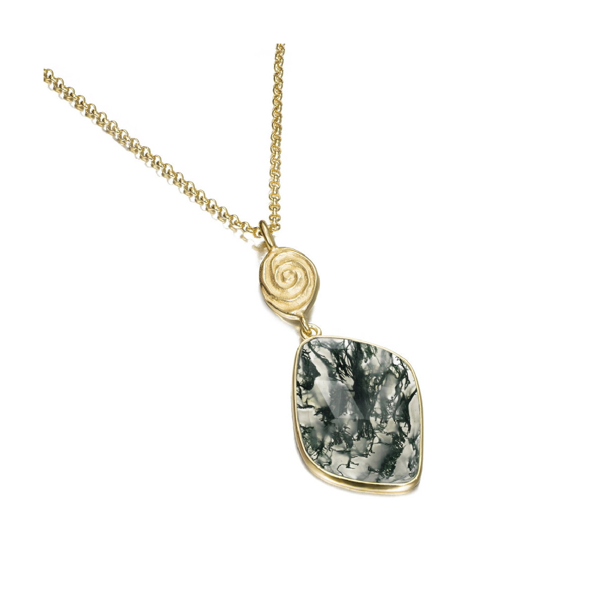 Colgante con ágata musgo y detalle orgánico en plata de ley con baño de oro de 18k