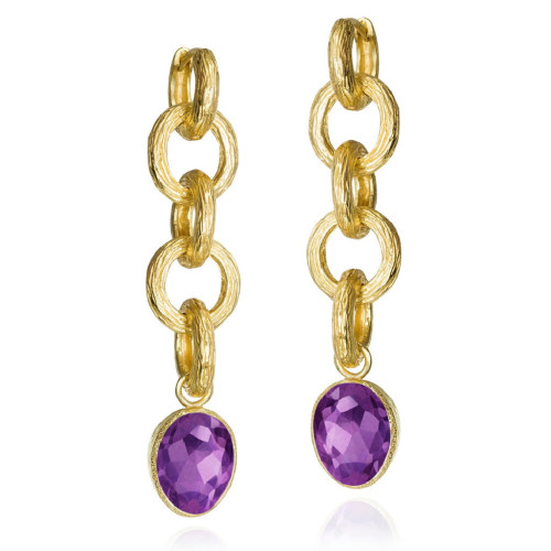 Extra-long amethyst earrings in sterling silver with 18k gold vermeil