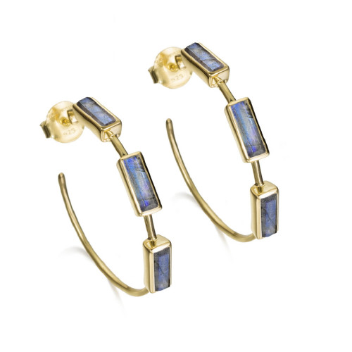 Pendientes de aro con labradoritas geométricas de plata de ley con baño de oro 18k