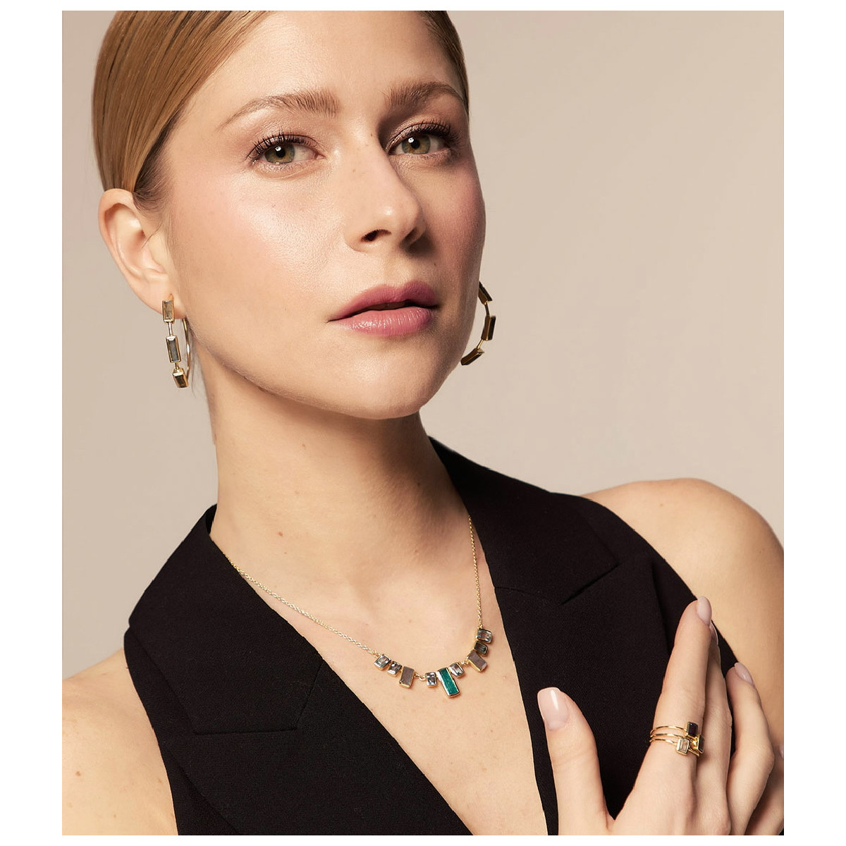 Hoop earrings with geometric labradorites in sterling silver with 18k gold vermeil