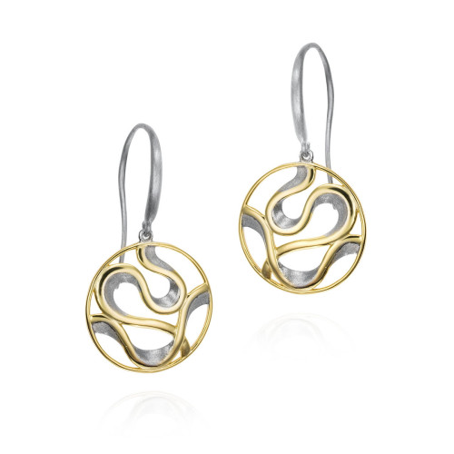 Pendientes de gancho circulares con líneas fluidas en plata de ley con baño de oro de 18k