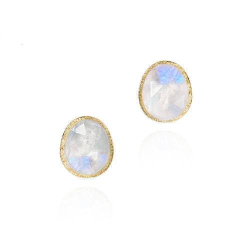 Stud earrings with carved rainbow moonstone in sterling silver with 18k gold vermeil