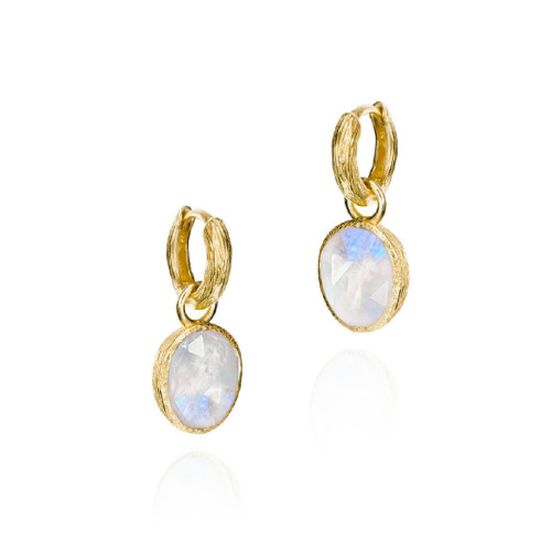 Pendientes de aro cortos con espectrolita tallada en plata de ley con baño de oro de 18k