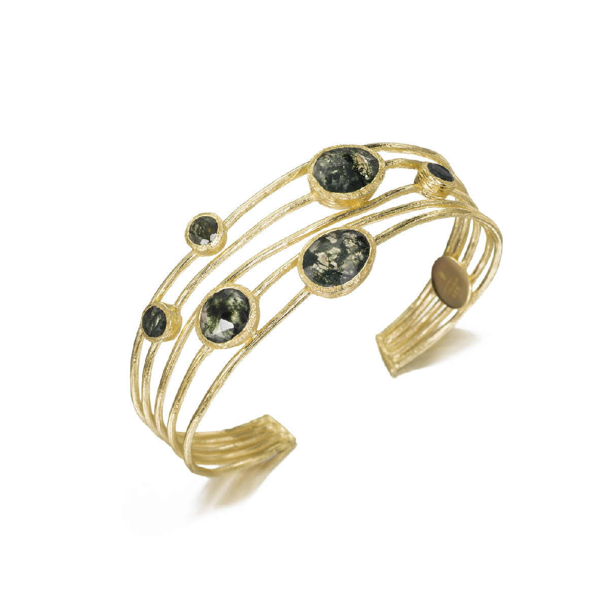 Brazalete de 5 hilos con ágata musgo de plata con baño de oro 18k
