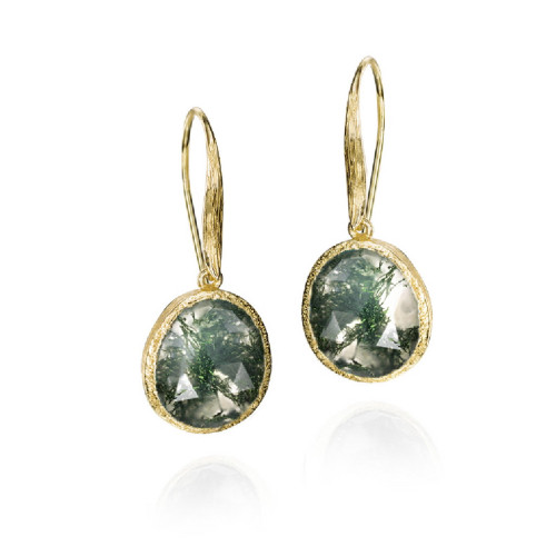 Hook earrings with faceted moss agate in sterling silver with 18k gold vermeil
