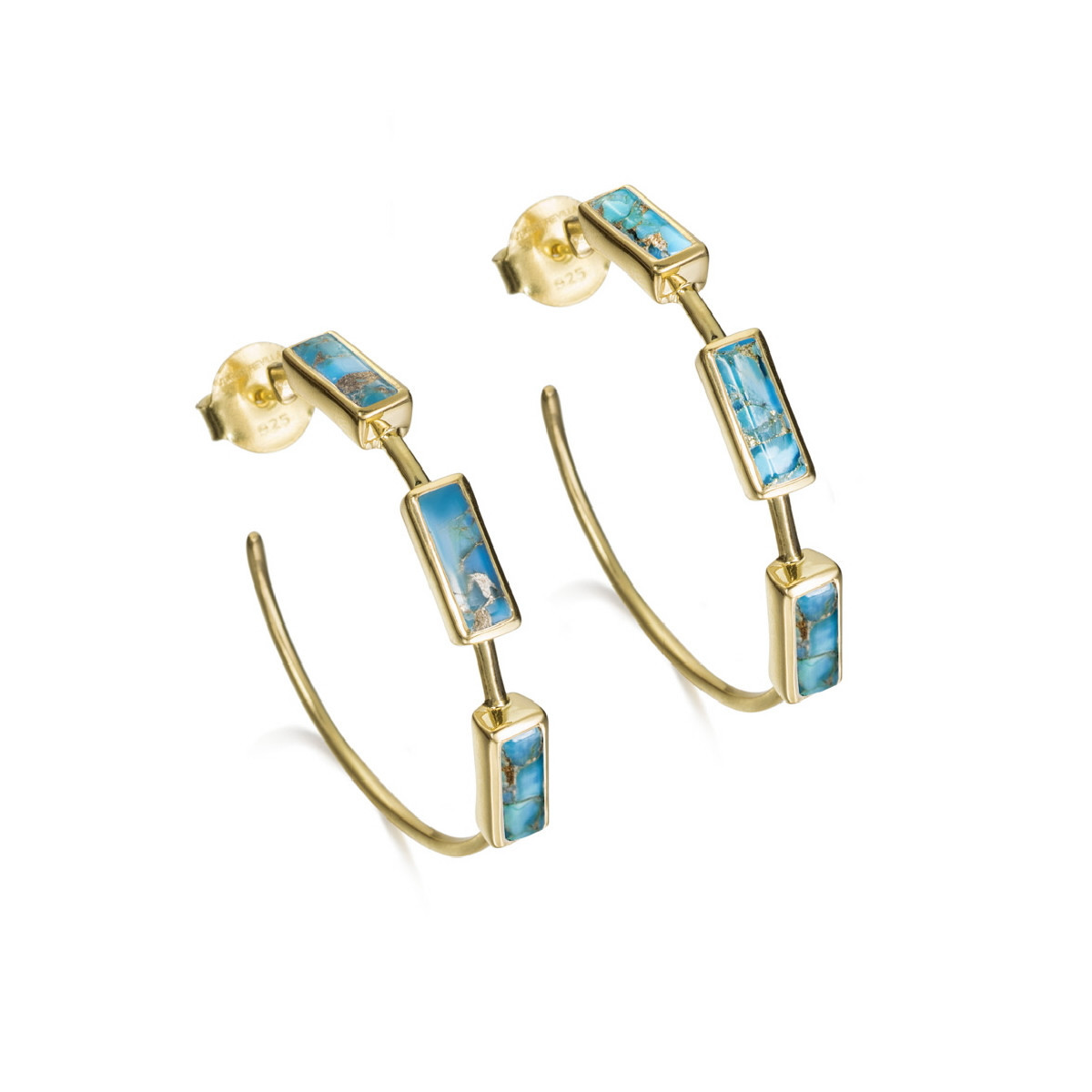 Pendientes de aro con turquesas geométricas de plata de ley con baño de oro 18k