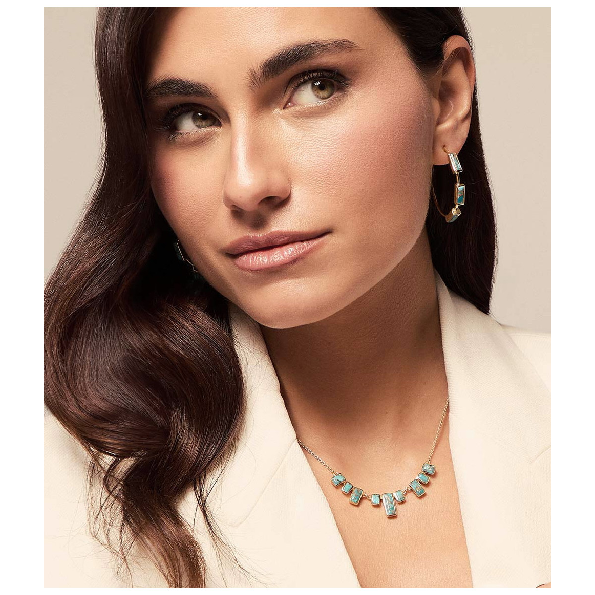 Hoop earrings with geometric turquoises in sterling silver with 18k gold vermeil