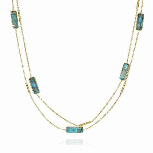 Collar largo con turquesa de plata de ley con baño de oro 18k