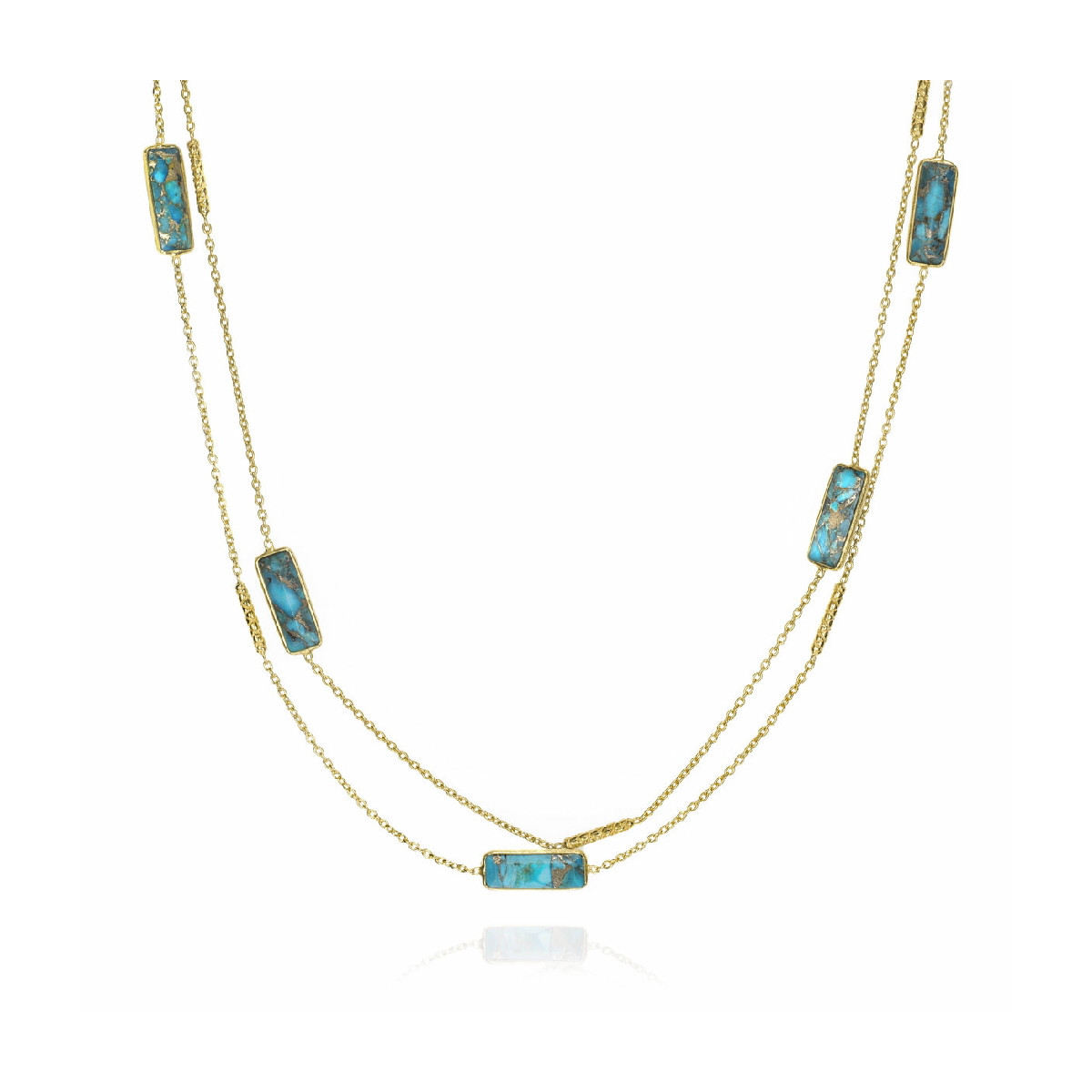 Collar largo con turquesa de plata de ley con baño de oro 18k