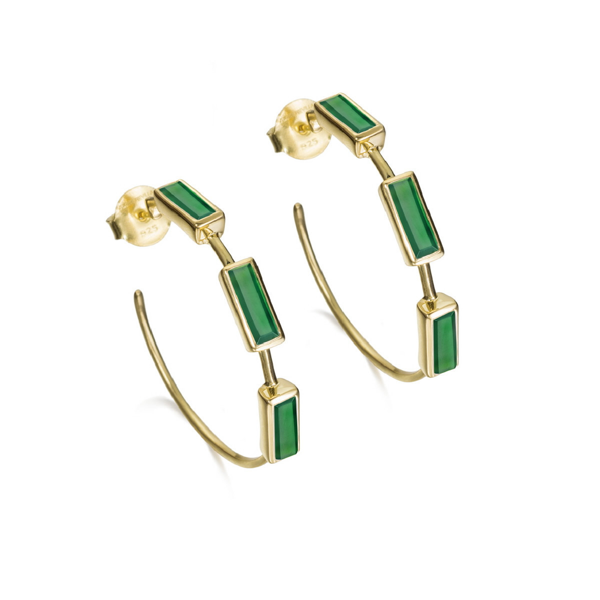 Hoop earrings with geometric green onyx in sterling silver with 18k gold vermeil