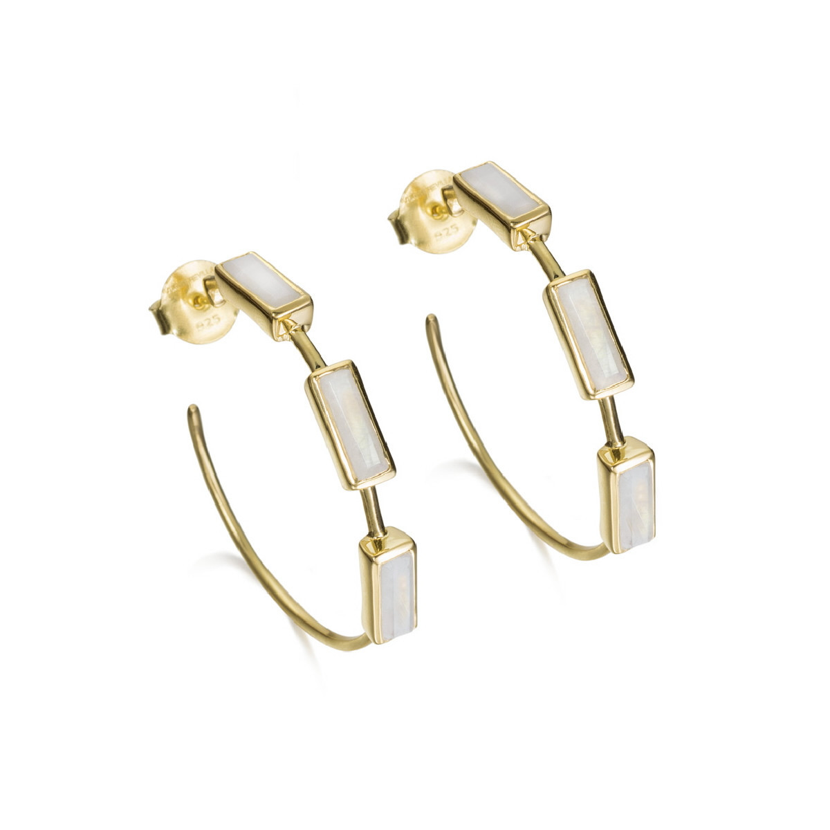 Hoop earrings with geometric rainbow moonstones in sterling silver with 18k gold vermeil