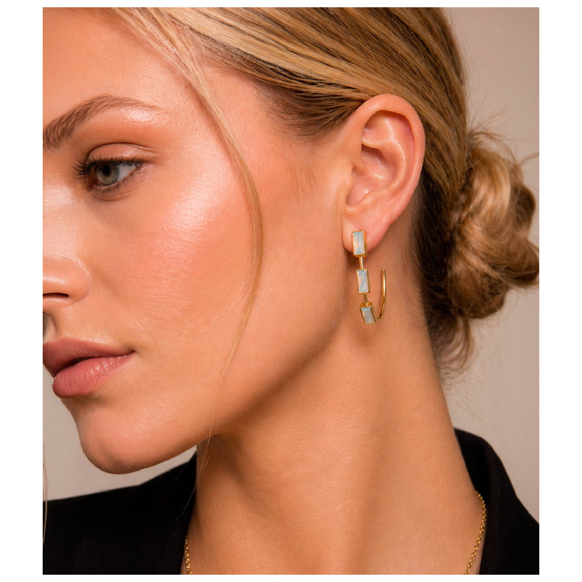 Hoop earrings with geometric rainbow moonstones in sterling silver with 18k gold vermeil