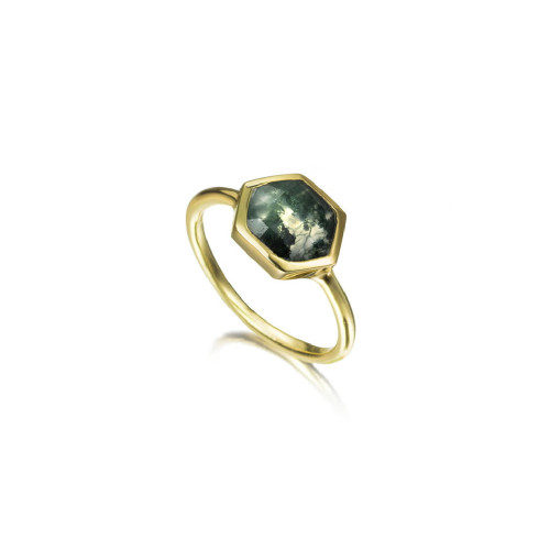 Anillo con ágata musgo hexagonal de plata con baño de oro 18k