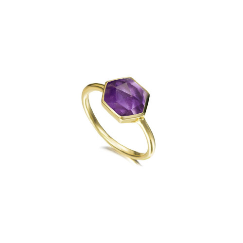 Anillo con amatista hexagonal de plata con baño de oro 18k