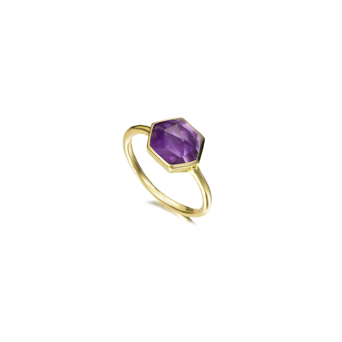 Anillo con amatista hexagonal de plata con baño de oro 18k