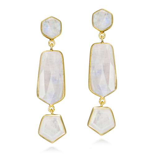 Pendientes largos con espectrolita geométrica de plata con baño de oro 18k