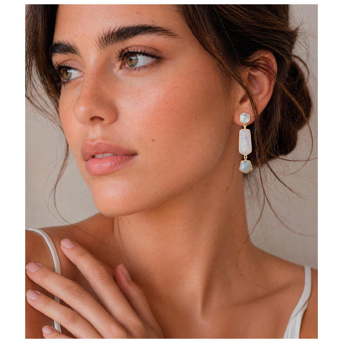 Long earrings with geometric rainbow moonstone in sterling silver with 18k gold vermeil