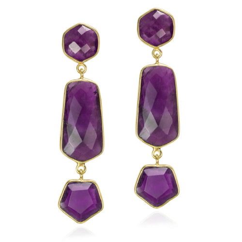 Long earrings with geometric amethyst in sterling silver with 18k gold vermeil