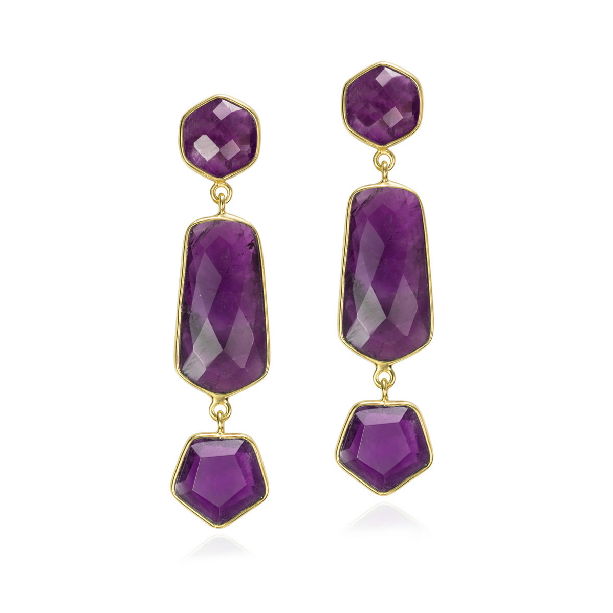 Pendientes largos con amatista geométrica de plata con baño de oro 18k