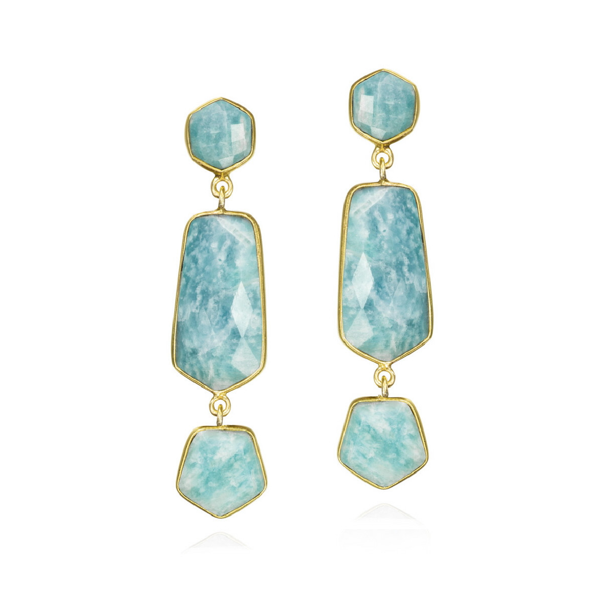 Pendientes largos con amazonita geométrica de plata con baño de oro 18k