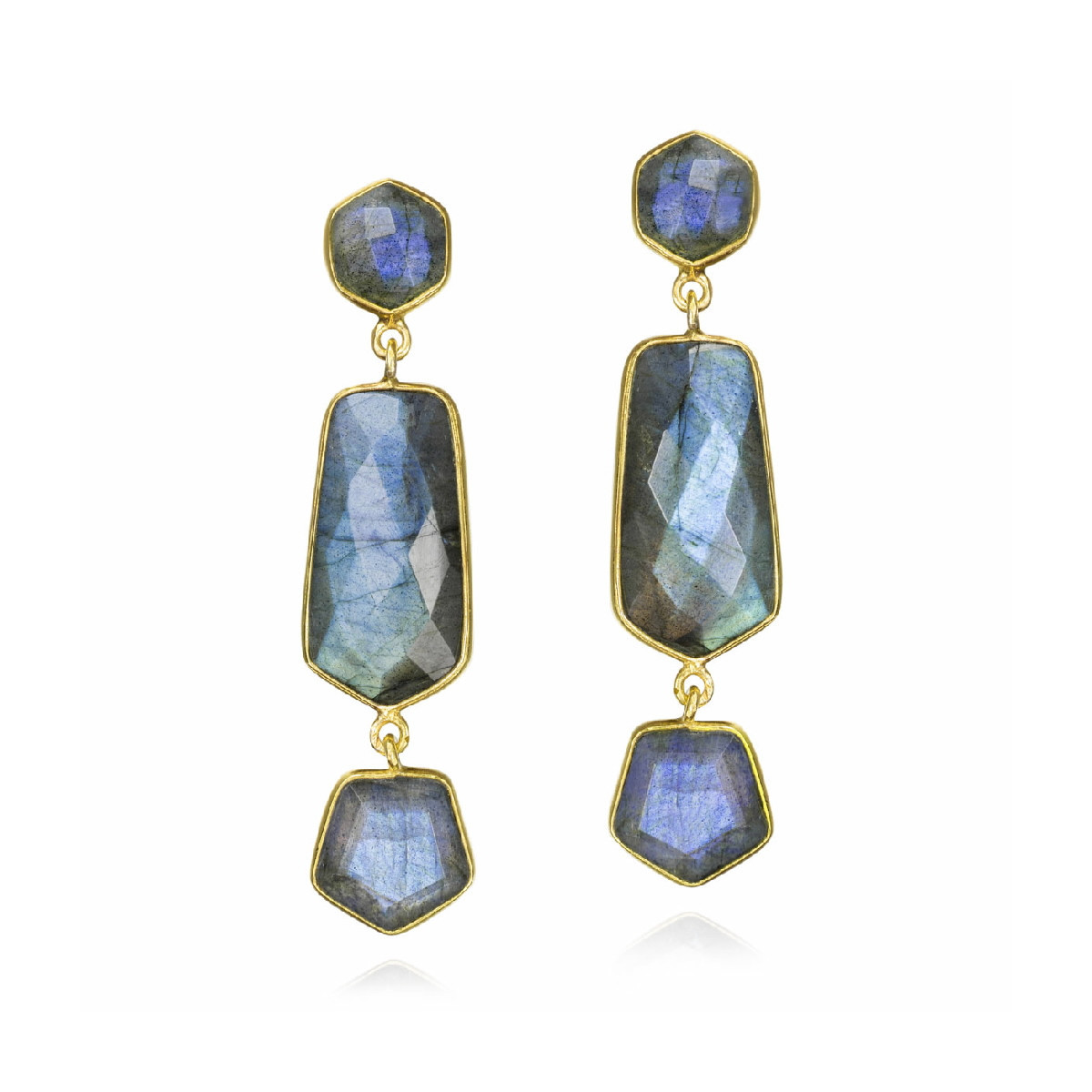 Pendientes largos con labradorita geométrica de plata con baño de oro 18k