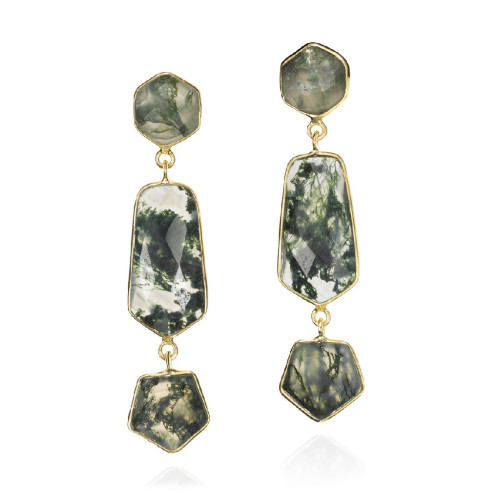Pendientes largos geométricos de ágata musgo de plata con baño de oro 18k