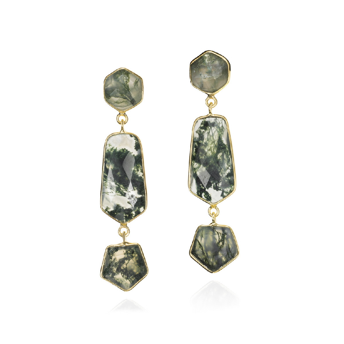 Pendientes largos geométricos de ágata musgo de plata con baño de oro 18k