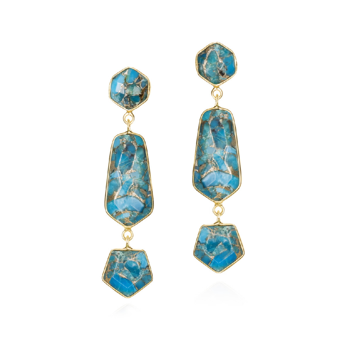 Pendientes largos geométricos de turquesa de plata con baño de oro 18k