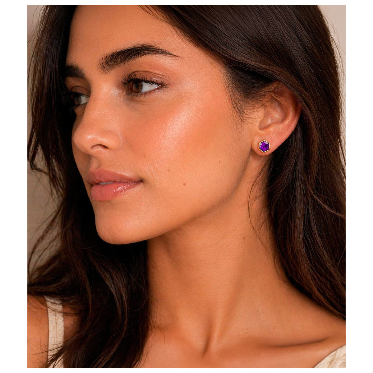 Pendientes de amatista hexagonal de plata con baño de oro 18k
