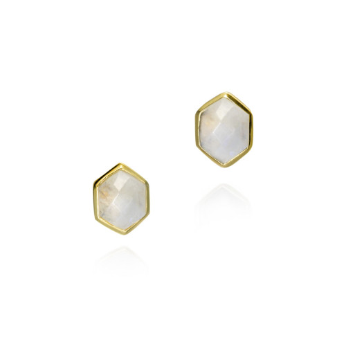 Hexagonal earrings with rainbow moonstone in sterling silver with 18k gold vermeil