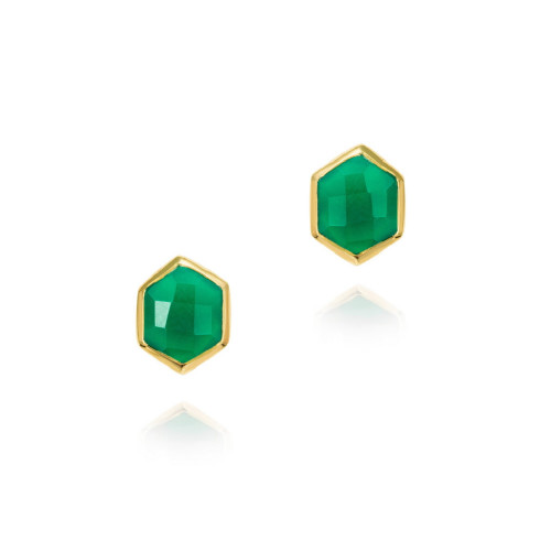 Pendientes de ónix verde hexagonal de plata con baño de oro 18k