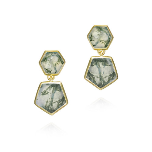 Pendientes geométricos de ágata musgo de plata con baño de oro 18k