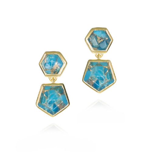 Pendientes geométricos de turquesa de plata con baño de oro 18k