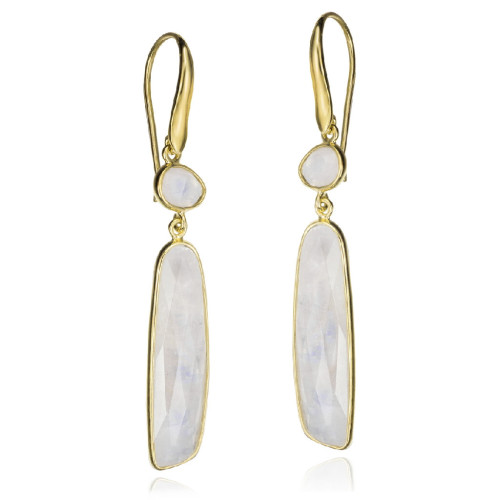 Hook earrings with oval rainbow moonstone in sterling silver with 18k gold vermeil