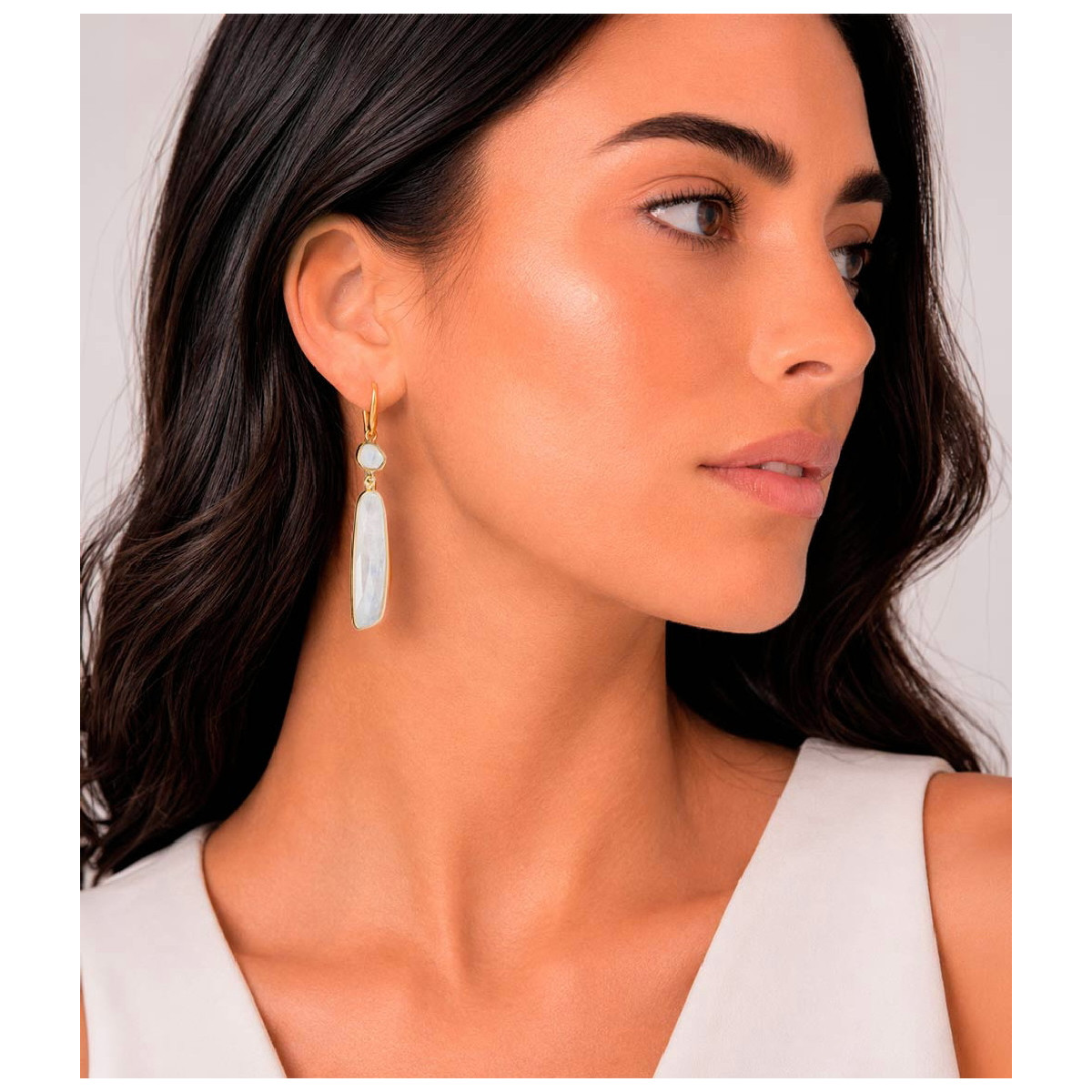 Hook earrings with oval rainbow moonstone in sterling silver with 18k gold vermeil