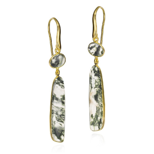Pendientes de gancho con ágata musgo ovalada de plata con baño de oro 18k