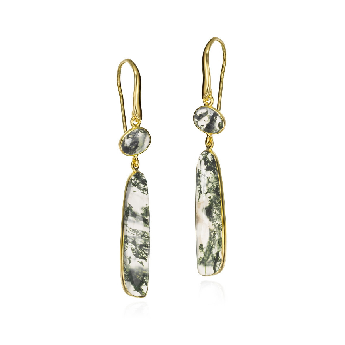 Hook earrings with oval moss agate in sterling silver with 18k gold vermeil