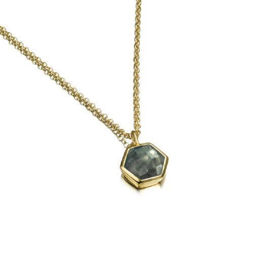 Colgante hexagonal de ágata musgo de plata con baño de oro 18k
