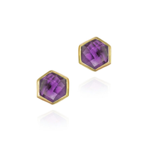 Midi hexagonal earrings with amethyst in sterling silver with 18k gold vermeil