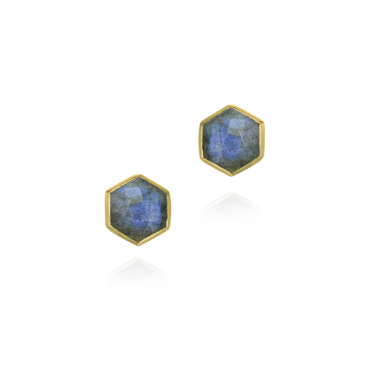 Pendientes midi de labradorita hexagonal de plata con baño de oro 18k