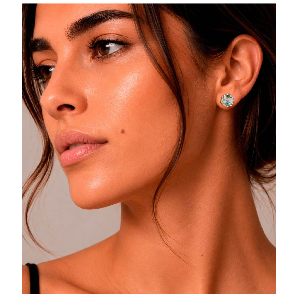 Hexagonal Moss Agate Midi Earrings with 18k Gold Vermeil