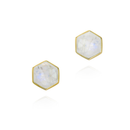 Midi hexagonal earrings with rainbow moonstone in sterling silver with 18k gold vermeil