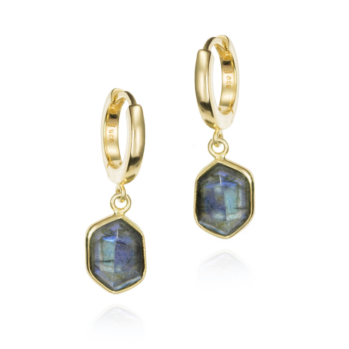 Hoop earring with hexagonal labradorite in sterling silver with 18k gold vermeil