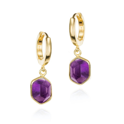 Pendiente de aro con amatista hexagonal de plata con baño de oro 18k