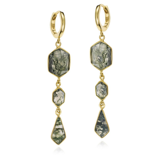 Long earring with moss agate in sterling silver with 18k gold vermeil