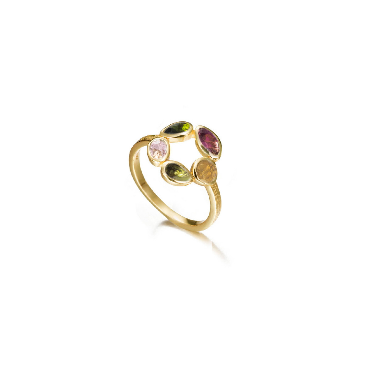 Anillo de flor con turmalina de plata con baño de oro 18k
